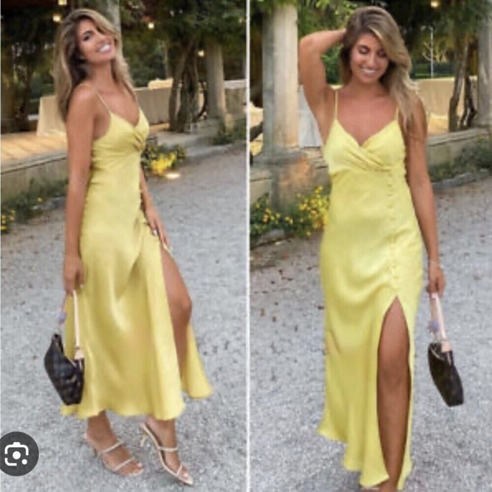 Zara Satin Effect Button V Neck Midi Dress Mustard Yellow Size Medium Blogger - Picture 8 of 8